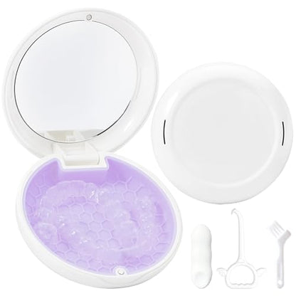 Retainer Case Slim Aligner Case with Vent Holes Removable Inner Tray Silicone for Easy Cleaning, Retainer Removal Tool and Brush (White Purple) - color: White Purple