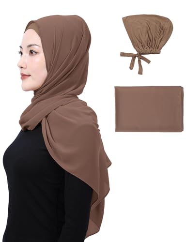 Matched Hijab and Undercap Set, Chiffon Muslim Head Scarf for Women, A Perfectly Decent Combination - color: Deep Brown
