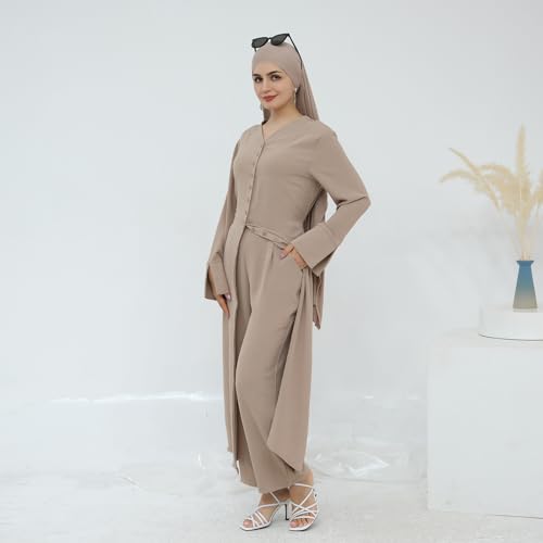 IDOPIP Muslim Women 2-Piece Set Long Sleeve Ramadan Islamic Abaya Dress Shirt with Pants Loose Fit Casual Dubai Prayer Outfit - color: Light Khaki, size: X-Small-Small