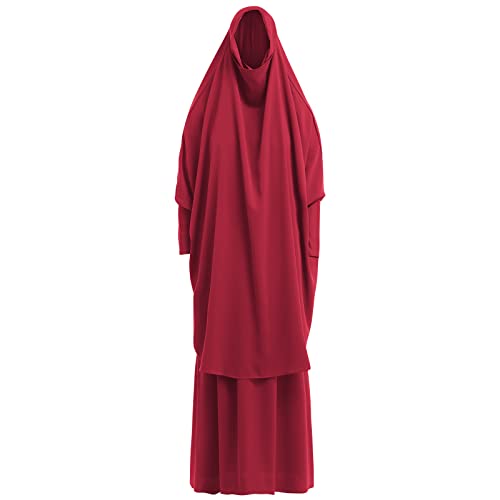 Prayer Clothes for Muslim Women Islamic Abaya Suit Maxi Skirt + Khimar Hijab 2pcss Burka Jilbab Kaftan - color: Wine Red