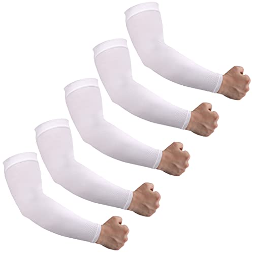 HEGCOIIE UV Sun Protection Arm Sleeves for Men & Women - Tattoo Cover Up - UPF 50 Cooling Sleeve for Golf, Cycling - color: 5 Pairs - White