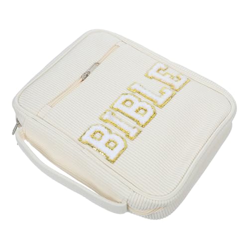 Bible Versatile Storage Carrying Case with Zippered Pocket Beige and Portable Carry Handle, Corduroy Material Bible Pouch with Dedicated Pen Slots for Temple Scriptures