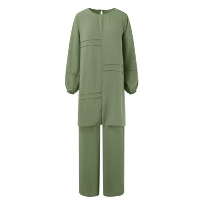 Muslim Outfits For Women 2 Piece Sets Long Sleeve Loose Tops Wide Leg Pants Suits Plus Size Outfit Prayer Clothes - color: Green, size: X-Large