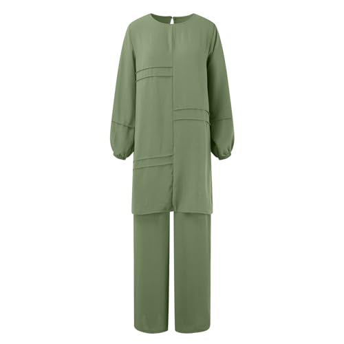 Muslim Outfits For Women 2 Piece Sets Long Sleeve Loose Tops Wide Leg Pants Suits Plus Size Outfit Prayer Clothes - color: Green, size: Large