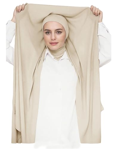 Lina & Lily Flowy Chiffon Instant Hijab Scarf Attached Jersey Ninja Undercap Full Coverage for Muslim Women - color: Beige
