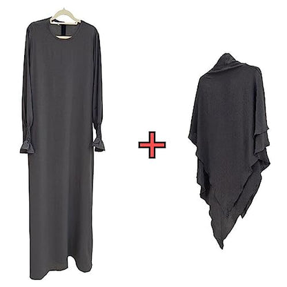 Women Prayer Dress Muslim Ramadan Garment Abaya Dubai Islam Jilbeb 2 Piece Set Layered Khimar Scarf Hijab and Long Dress - color: Dark Grey, size: Large