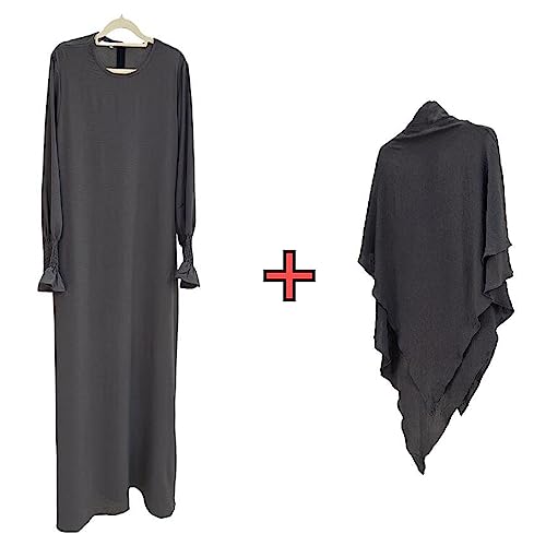 Women Prayer Dress Muslim Ramadan Garment Abaya Dubai Islam Jilbeb 2 Piece Set Layered Khimar Scarf Hijab and Long Dress - color: Dark Grey, size: Small