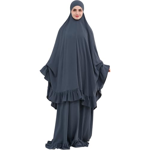 2PCS Abayas for Women Muslim Dress Ruffled Hem Modest Prayer Robe Full Coverage Modest Jilbab Set - color: Dark Gray, size: Large