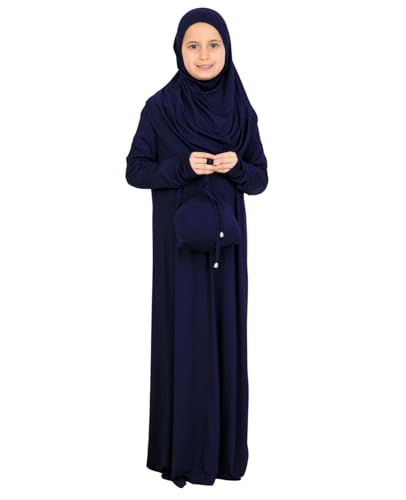 Prien Kids Muslim Prayer Dress With Hijab & Pouch, Soft Viscose Abaya For Girls, Islamic Clothes, Robe For Eid, Ramadan - color: Navy Blue