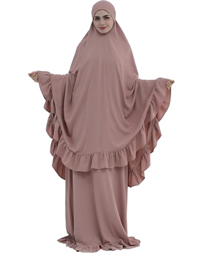 Abaya 2pcs Muslim Prayer Dress Sets with Islamic Hijab Scarf Two-Piece Full Length Dress Plus Size for Ramadan - color: Pink, size: Large