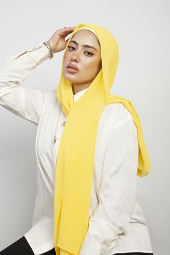 Instant Chiffon Hijab 3-in-1 with Built-in Magnets and Attached Match Undercap, Women Hijabs Set. - color: Yellow