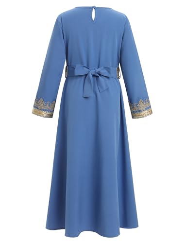 Muslim Dress for Kids Girls Abaya Middle East Ramadan Long Sleeve Lace Prayer Dress Arabic Kaftan with Belt - color: Blue, size: 5-6 Years