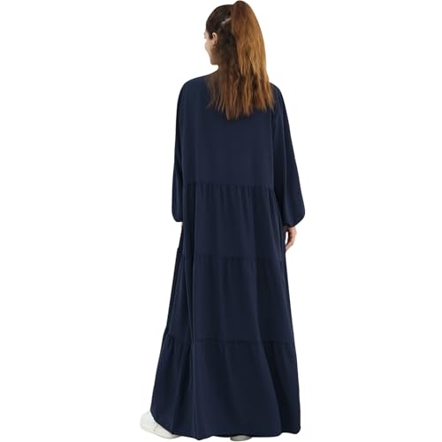 Women Muslim Abaya Dress 2PCS Soft Flowing Cardigan Dress Set Islamic Dubai Modest Kaftan Prayer Robe - color: Navy, size: Large