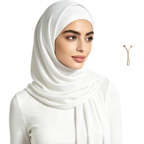 Jersey Hijab Scarf for Women,Lightweight Muslim Turban Head Scarf Modal Feel Hijab Coverings for Prayer with Clip - color: White