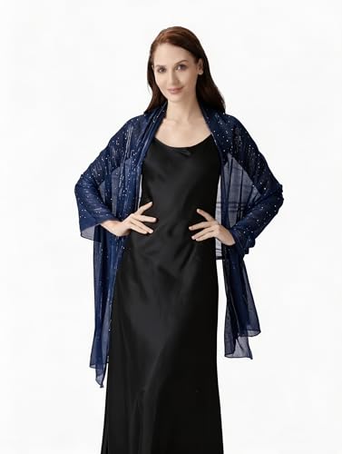 OurLore Chiffon Shawls Wraps for Women Sheer Glitter Scarf Sparkly Rhinestones Shoulder Sarong Cover Up Hijab for Wedding - color: Navy