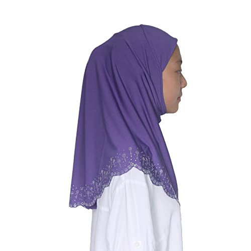 Girls Hijab with Rhinestones – Sparkly Non-Slip Amira Scarf for Kids, for Daily Prayer, School, Ramadan & Eid (Ages 4-12) - color: Purple-wavy Edge