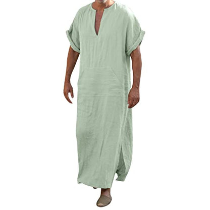 Mens Muslin Robe Full Length Long Sleeve Tops V Neck Kaftan Lightweight Pullover Thobe Comfy Nightshirts - color: A02 Green, size: Large