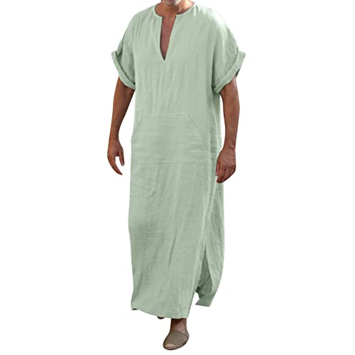 Mens Muslin Robe Full Length Long Sleeve Tops V Neck Kaftan Lightweight Pullover Thobe Comfy Nightshirts - color: A02 Green, size: X-Large
