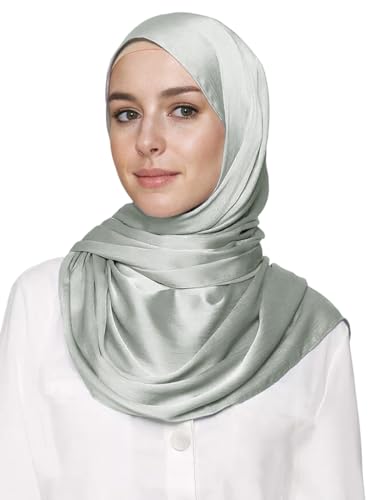 Lina & Lily Premium Crinkled Satin Hijab Head Scarf Shawl for Muslim Women - color: Sage Green