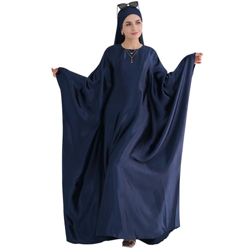 Abaya Muslim Dress Women Satin Prayer Dress Batwing Long Sleeve Middle East Arabian Robe with Hijab - color: Navy, size: Size 1