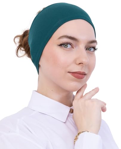 Prien Women Cotton Hijab Cap, Stretchy Head Cover, Pre-Sewn Inner Muslim Scarf Undercap, Non Slip Headband for Daily Wear - color: Emerald