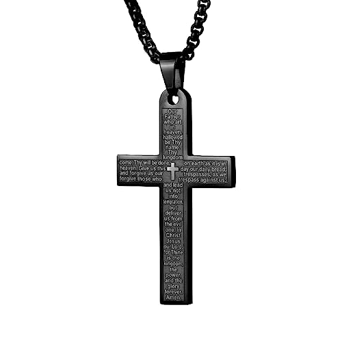 Pendant Cross for Car Rear View Mirror Necklace for Men Charm Car Mirror Hanging Accessories Ornament Stainless Steel Lord's Prayer Cross Necklace With Bible Verse - color: Black