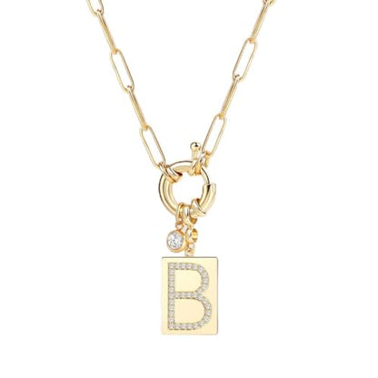 Mint & Lily Gold Initial Necklace for Women – 18K Gold Plated 24” Paperclip Chain with Sparkling Letter Pendant - style: Letter: B