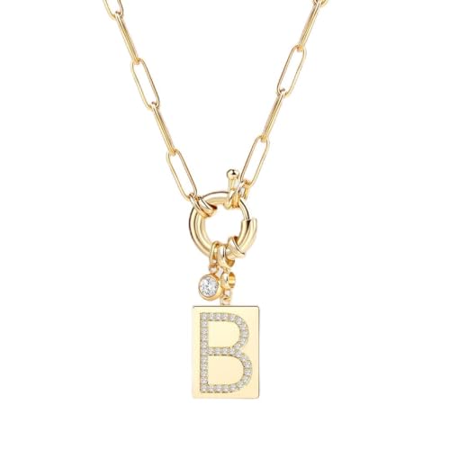 Mint & Lily Gold Initial Necklace for Women – 18K Gold Plated 24” Paperclip Chain with Sparkling Letter Pendant - style: Letter: B