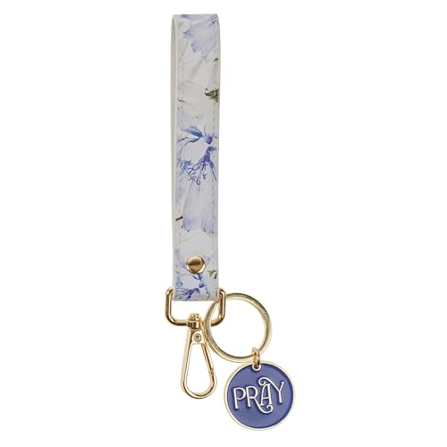 Christian Art Gifts Metal Keychains with Faux Leather Wrist Strap & Clip for Women: Scripture & Multicolor Floral Designs - color: Pray/God, White & Blue Floral