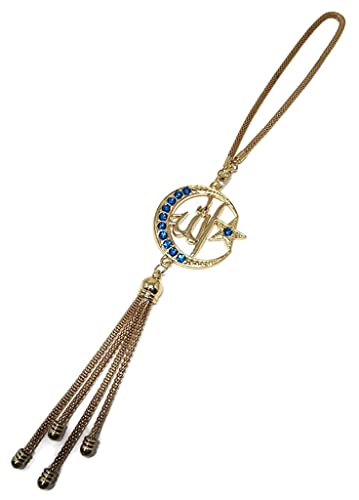 Islam Mirror Hanging Car Decor Ornament with Hanging Chain AMN-343 Vehicle Decoration Allah Arabic Names Moon Star Metal Pendant Design Eid Ramadan Muslim Gift (Gold/Sky Blue) - color: Gold/Sky Blue