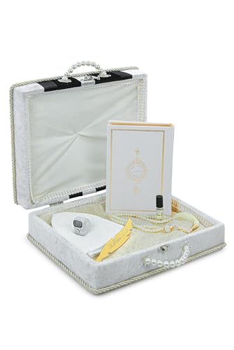 ihvan online, Muslim Prayer Rug Set, Arabic Quran, Prayer Beads, Mens Kufi Hat, Tasbeeh Counter, Islamic Scent, Dowry Gift Box for Men & Women, Janamaz, Salah Mat Gifts Set Wedding, Ramadan, White - color: White