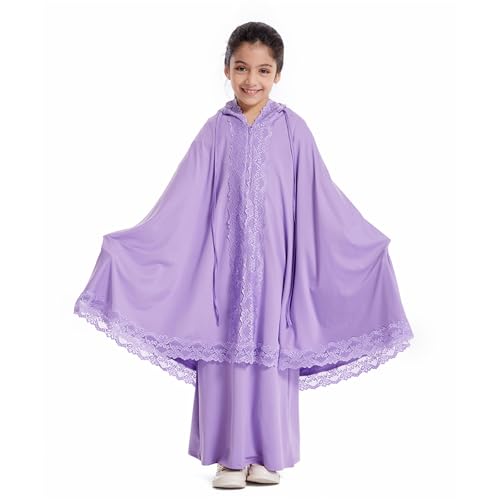 Girls Muslim 2 Piece Outfits Long Sleeve Prayer Full Cover Lace Hijab Dress Outfit Teen Soft Breathable Elastic Hooded - color: Purple, size: 5-6 Years