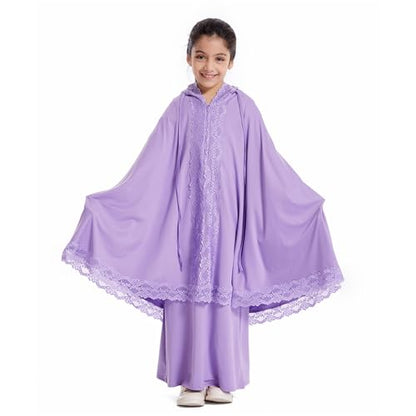 Girls Muslim 2 Piece Outfits Long Sleeve Prayer Full Cover Lace Hijab Dress Outfit Teen Soft Breathable Elastic Hooded - color: Purple, size: 5-6 Years