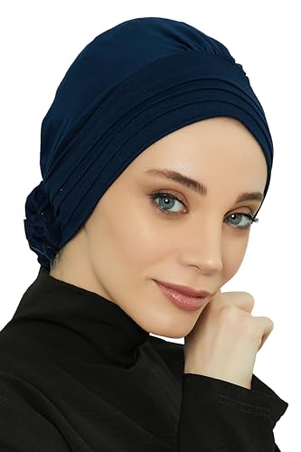 Aisha's Design Instant Turban Head Wraps for Women, Combed Cotton Scarf Lightweight Pre tied Hijab with Back Rose Detail - color: Navy Blue