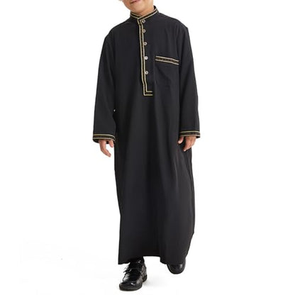 Muslim Thobe for Boys Islamic Thobe Long Sleeve Kaftan Stand Collar Button 𝐑obe Kids Ramadan Eid Outfit Prayer Clothes - color: Black, size: 9-10 Years