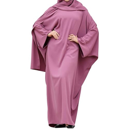 IDOPIP Abayas for Women Muslim Dress with Hijab, One-Piece Long Sleeve Islamic Prayer Dress with Khimar Jilbab Kaftan Clothes - color: Purple (1pc Dress Only)