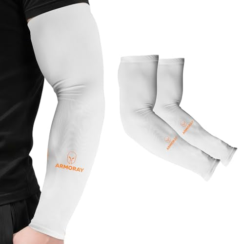ARMORAY Arm Sleeves for Men & Women UPF 50 Sports Compression Cooling Sleeve for Basketball Golf Running Tattoo Coverage - color: White (1 Pair)