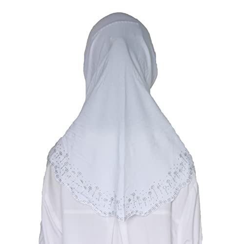 Girls Hijab with Rhinestones – Sparkly Non-Slip Amira Scarf for Kids, for Daily Prayer, School, Ramadan & Eid (Ages 4-12) - color: White-wavy Edge
