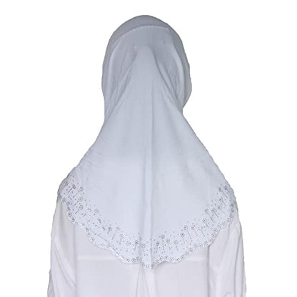 Girls Hijab with Rhinestones – Sparkly Non-Slip Amira Scarf for Kids, for Daily Prayer, School, Ramadan & Eid (Ages 4-12) - color: White-wavy Edge