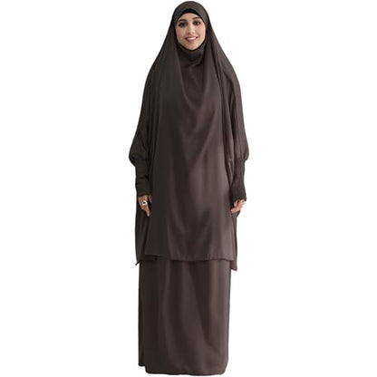 Muslim Women Abaya Two Pieces Set Prayer Dress Elasticated Sleeves Islamic Robe Modest Full Cover Prayer Clothes - color: Brown