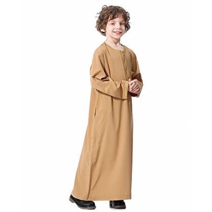 OBEEII Boy's Muslim Arab Solid Color Thobe Long Sleeve Kaftan Embroidered Robe Islamic Arabic Abaya Thobe - color: Brown, size: 7-8 Years