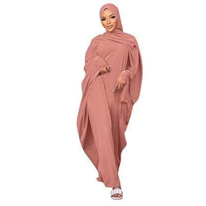 Muslim Dress for Women Pakistani Kaftan Abaya Robe + Hijab Arabic Islamic Prayer Clothes Dubai Outfits - color: Pink Set