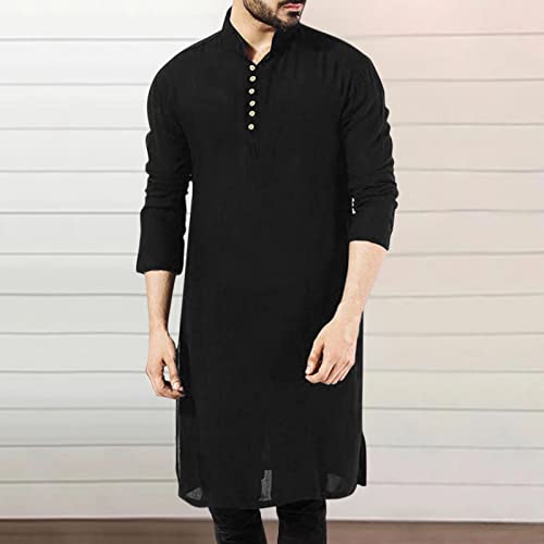 Alalaso Mens Muslim Thobe Kaftan Robe Saudi Arabic Middle East Islamic Long Gown Dress Long Sleeve Clothing Ramadan Jubbah - color: 2-black, size: 5X-Large