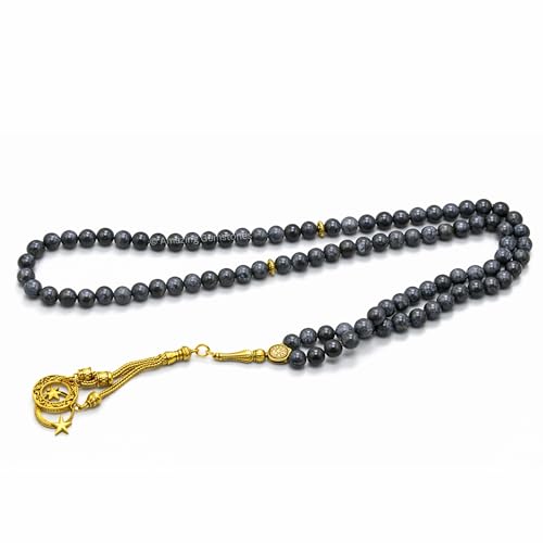 Amazing Gemstone Crystal Tasbeeh with Moon and Star Charm - Certified Crystal Muslim Prayer Beads Natural Gemstone Tasbih Gift for Ramadan Dhikr and Daily Namaz (G) - color: Larvikite
