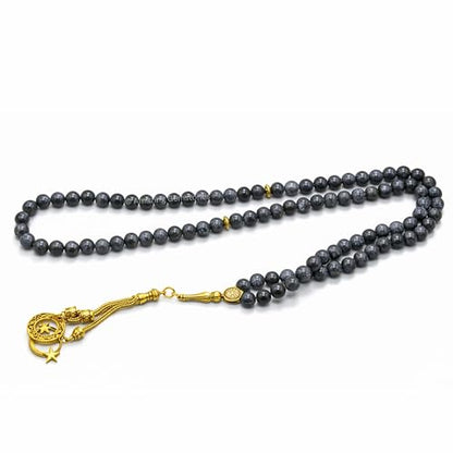 Amazing Gemstone Crystal Tasbeeh with Moon and Star Charm - Certified Crystal Muslim Prayer Beads Natural Gemstone Tasbih Gift for Ramadan Dhikr and Daily Namaz (G) - color: Larvikite