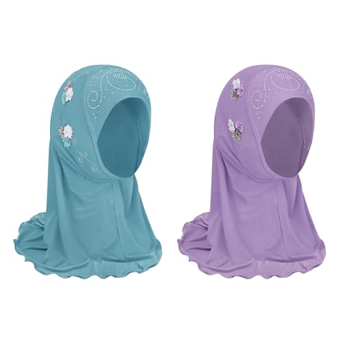 Clobeau Muslim Girls Hijab Scarfs Head Wrap Scarf for Girls Age 2-4 - color: Cyan+purple
