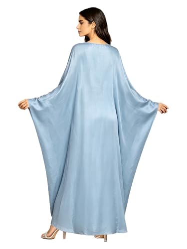 Shinsto Women Satin Prayer Dress Kaftan Robe Musulmane Femme Flashy Gown Luxury Party Wear Nightclub Outfit - color: Sky Blue, size: 2