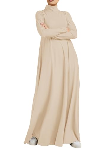 WSPLYSPJY Women High Neck Abaya Muslim Dress Solid Color Prayer Robe - color: Light Khaki, size: X-Large