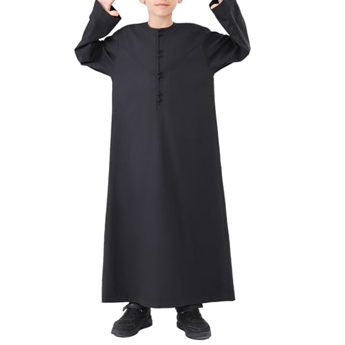 Kids Arabic Thobes for Boys Muslim Thobe Long Sleeve Kaftan Islamic Prayer Dress Kids Dubai Robe Burkas Ramadan Eid Outfit - color: Black, size: 9-10 Years