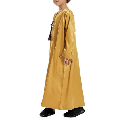 Boys Muslim Clothing Kids Prayer Outfits Long Sleeve Eid Dresses Embroidered Thobe Solid Color Crewneck Arabic Abaya - color: Yellow, size: 13-14 Years